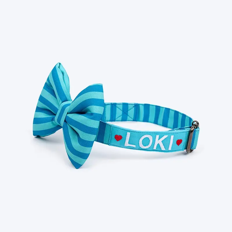 HUFT Personalised Happy Stripes Collar With Bow Tie For Dog - Blue & Turquoise