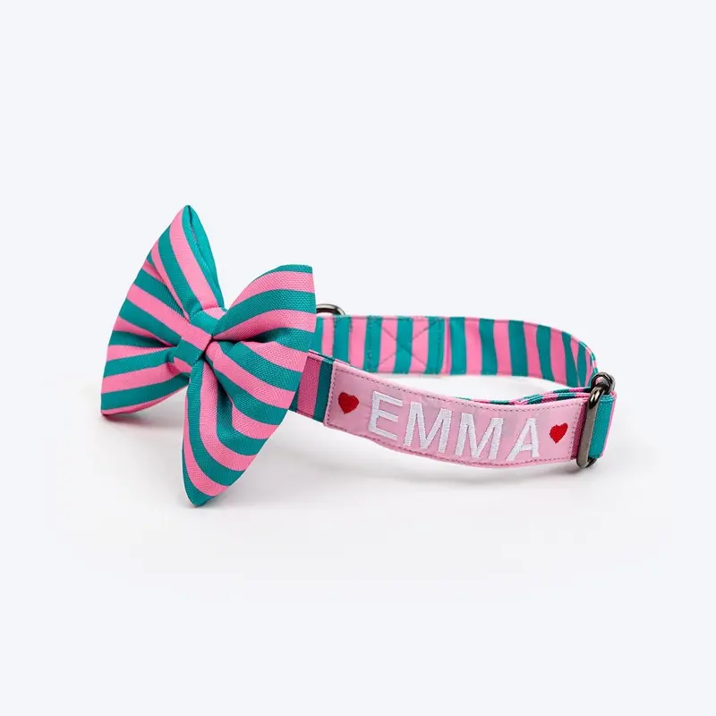 HUFT Personalised Happy Stripes Collar With Bow Tie For Dog - Green & Pink