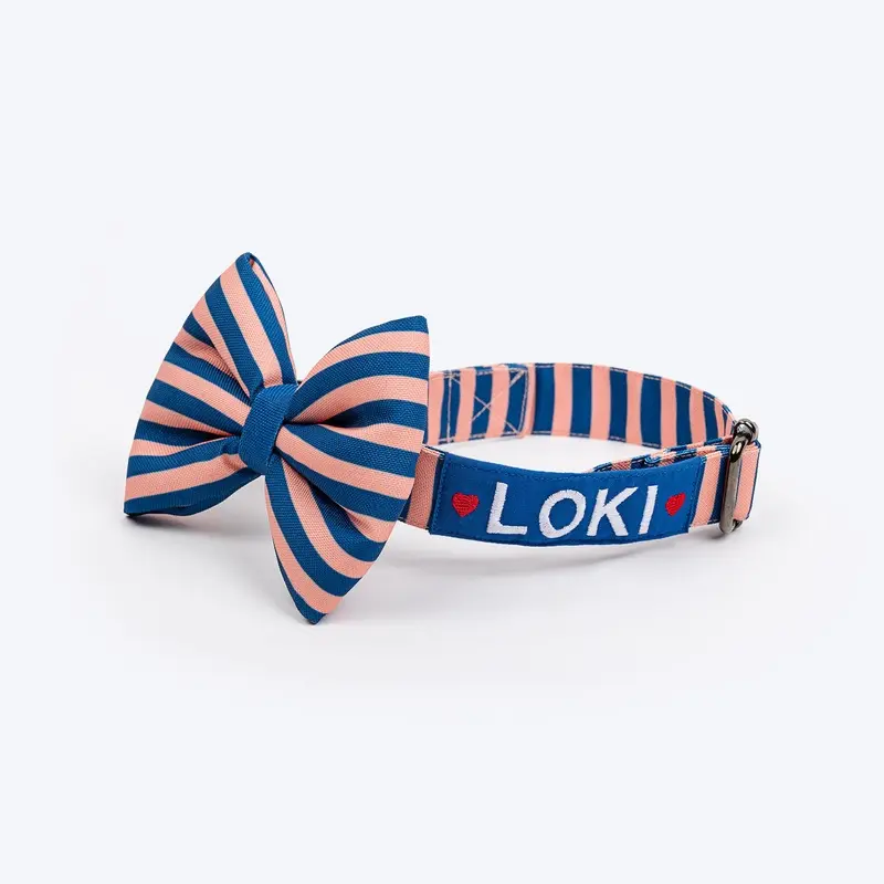 HUFT Personalised Happy Stripes Collar With Bow Tie For Dog - Navy & Peach