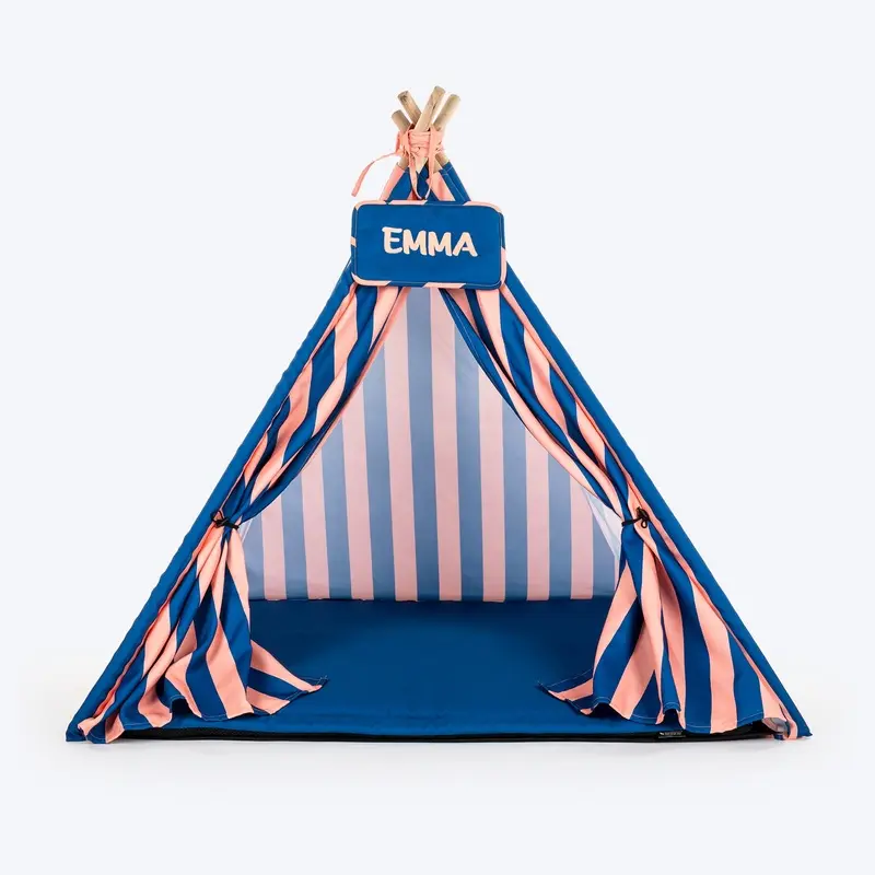 HUFT Personalised Happy Stripes Teepee Tent Bed For Dog & Cat - Navy & Peach
