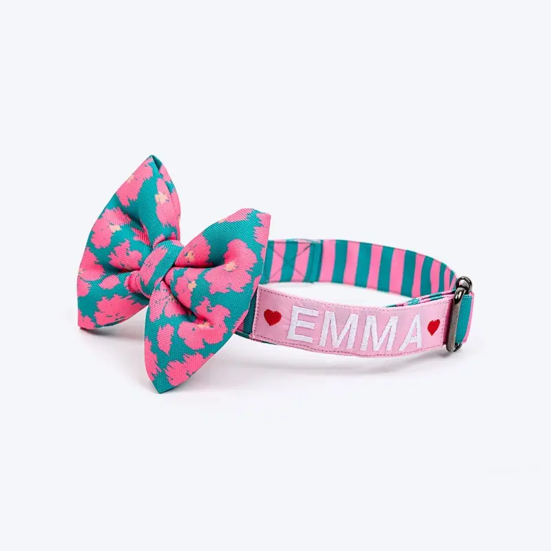 HUFT Personalised Pawsome Blossom Collar With Bow Tie For Dogs - Green & Pink