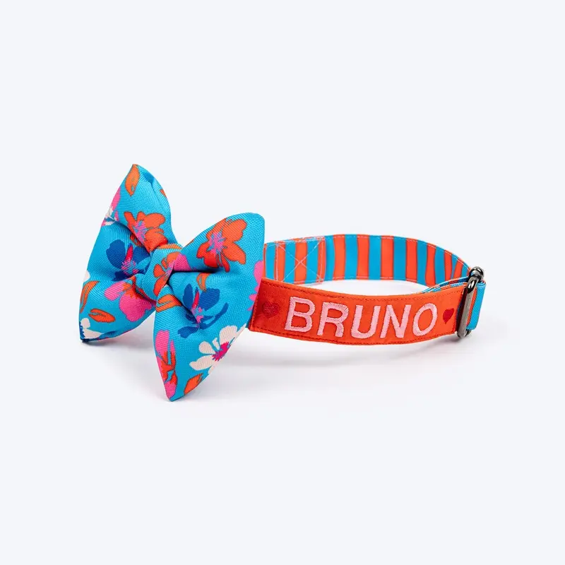 HUFT Personalised Summer Bloom Collar With Bow Tie For Dog - Blue