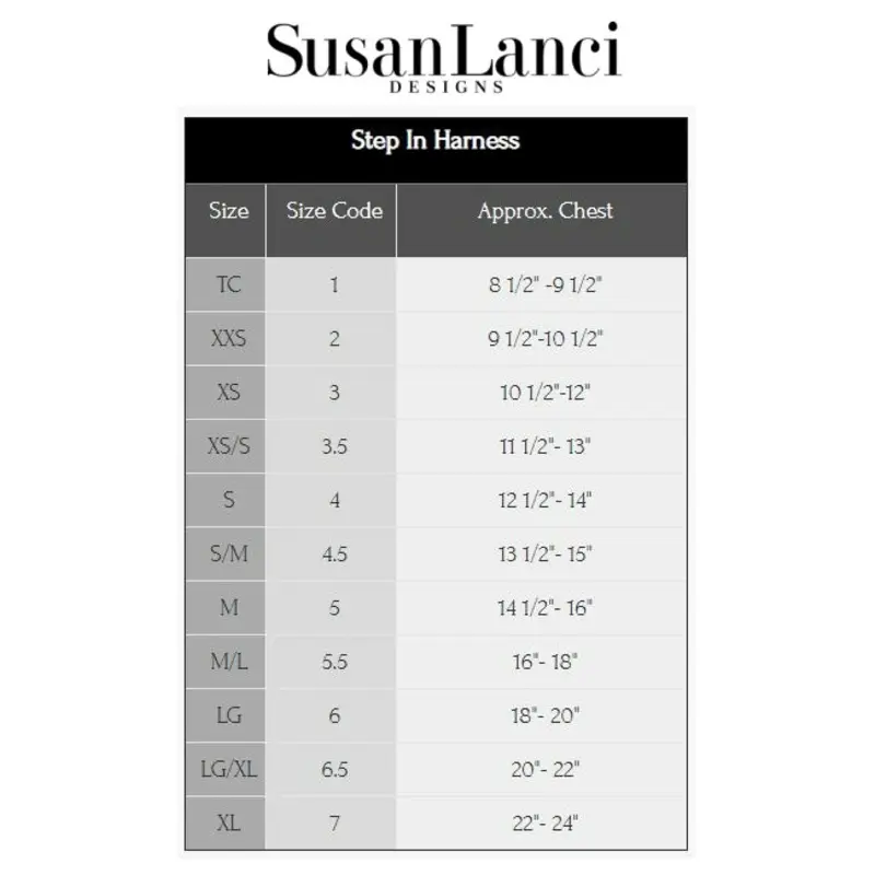 Susan Lanci Step In Harness Sizing Chart and Video