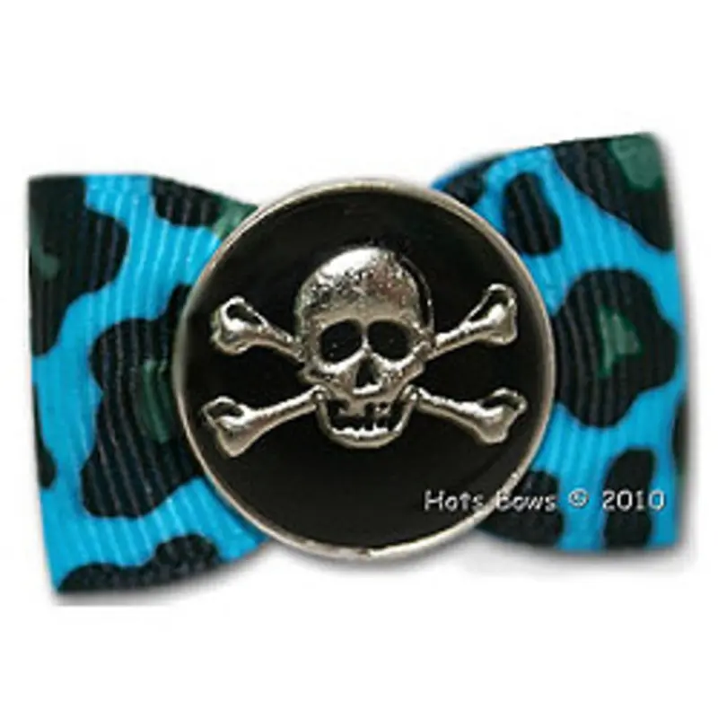 Dog Bow Barrette - Cool Bones, Turquoise Leopard Latex Bands