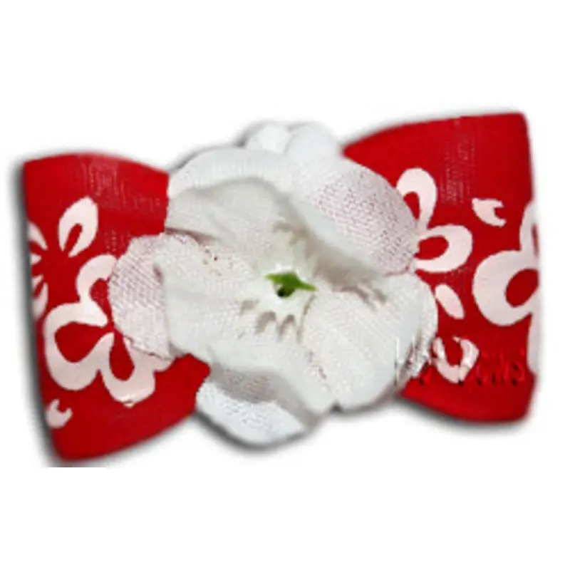 Dog Bow Barrettes - Red Hibiscus Latex Bands