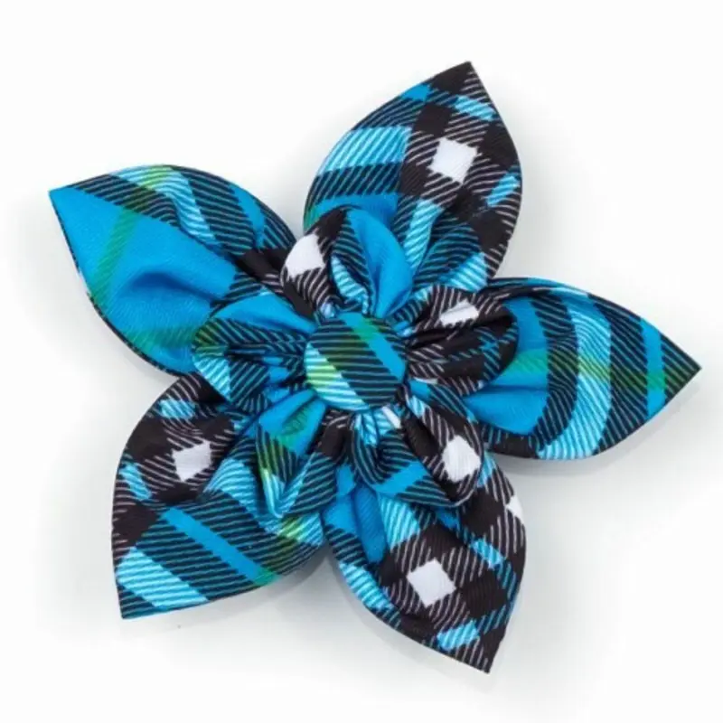 Bias Plaid Blue Pet Dog Collar Flower Small