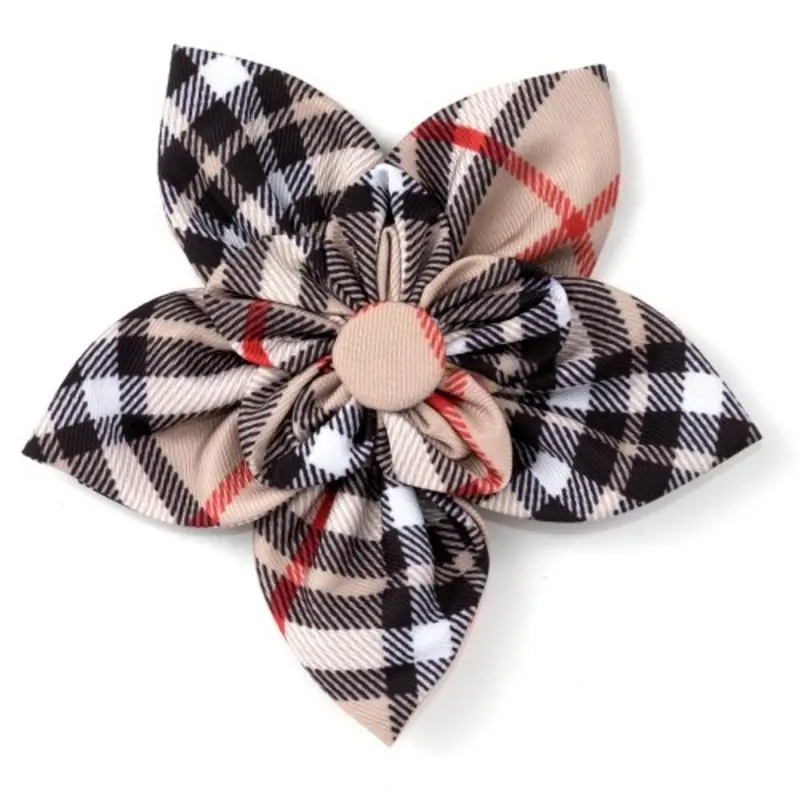Bias Plaid Tan Pet Dog Collar Flower Small