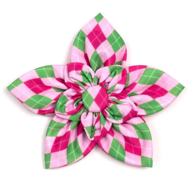 Preppy Argyle Pink Pet Dog Collar Flower Small