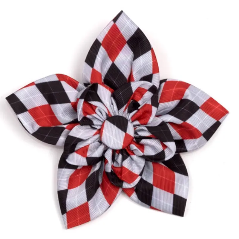 Preppy Argyle Red/Gray Pet Dog Collar Flower Small