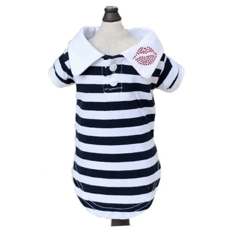 Red Lips Button Down Navy Blue Striped Dog Polo Shirt XS