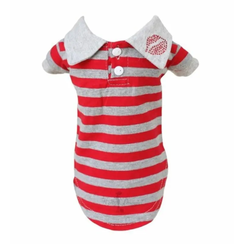 Red Lips Button Down Red Striped Dog Polo Shirt Large