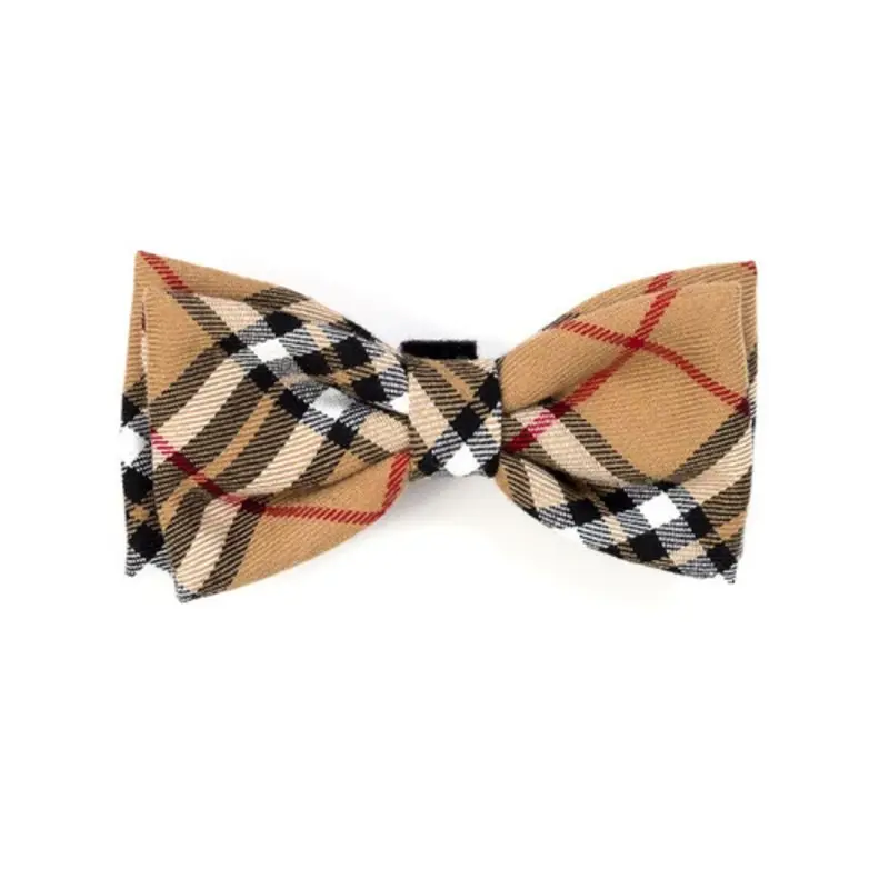 Tan Plaid Pet Dog Bow Tie Small