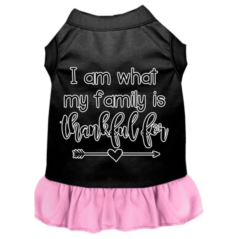 I Am What My Family Is Thankful For Screen Print Dog Dress Black With Light Pink