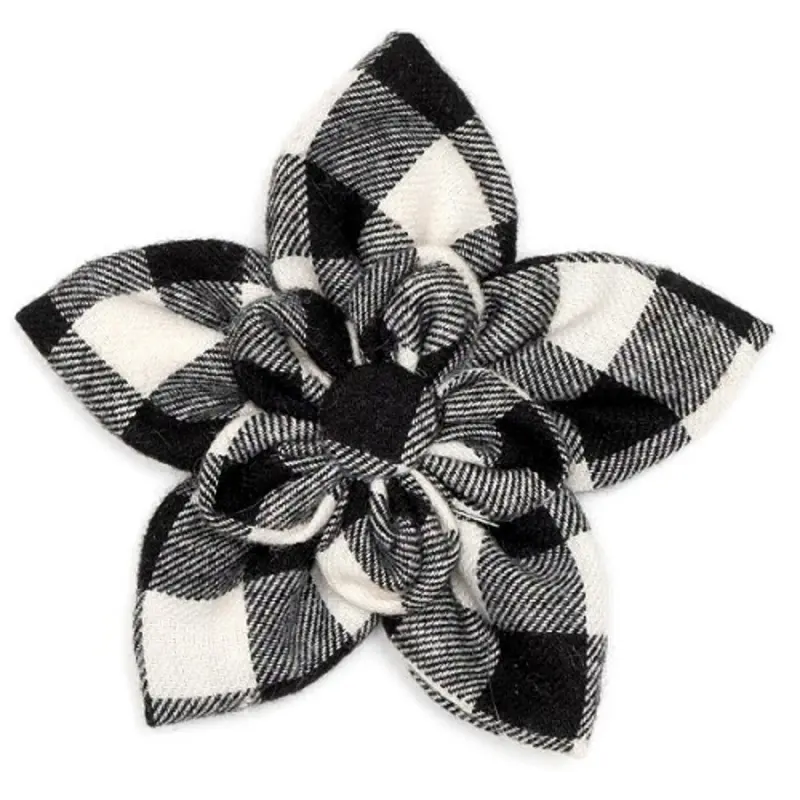 Black & Off White Buffalo Plaid Pet Dog Collar Flower Small