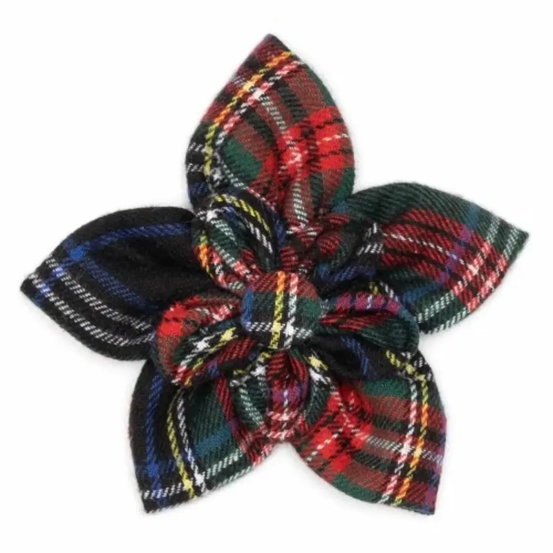 Black Stewart Plaid Pet Dog Collar Flower Small