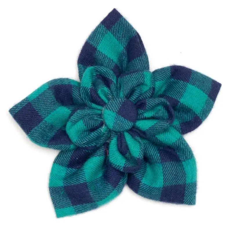 Green & Navy Buffalo Check Pet Dog Collar Flower Small