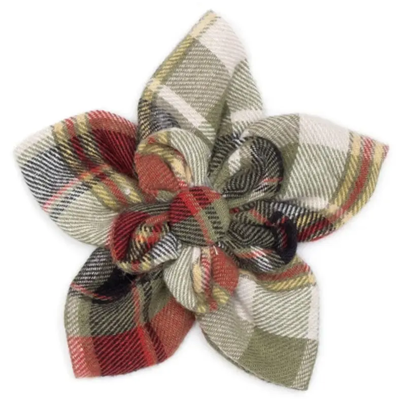 Olive Multi Plaid Pet Dog Collar Flower Small