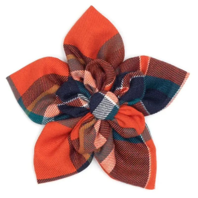 Orange & Navy Plaid Pet Dog Collar Flower Small