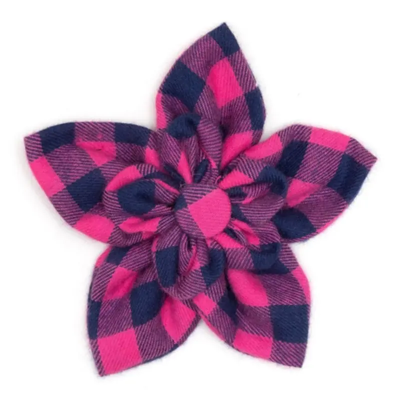 Pink & Navy Buffalo Check Pet Dog Collar Flower Small