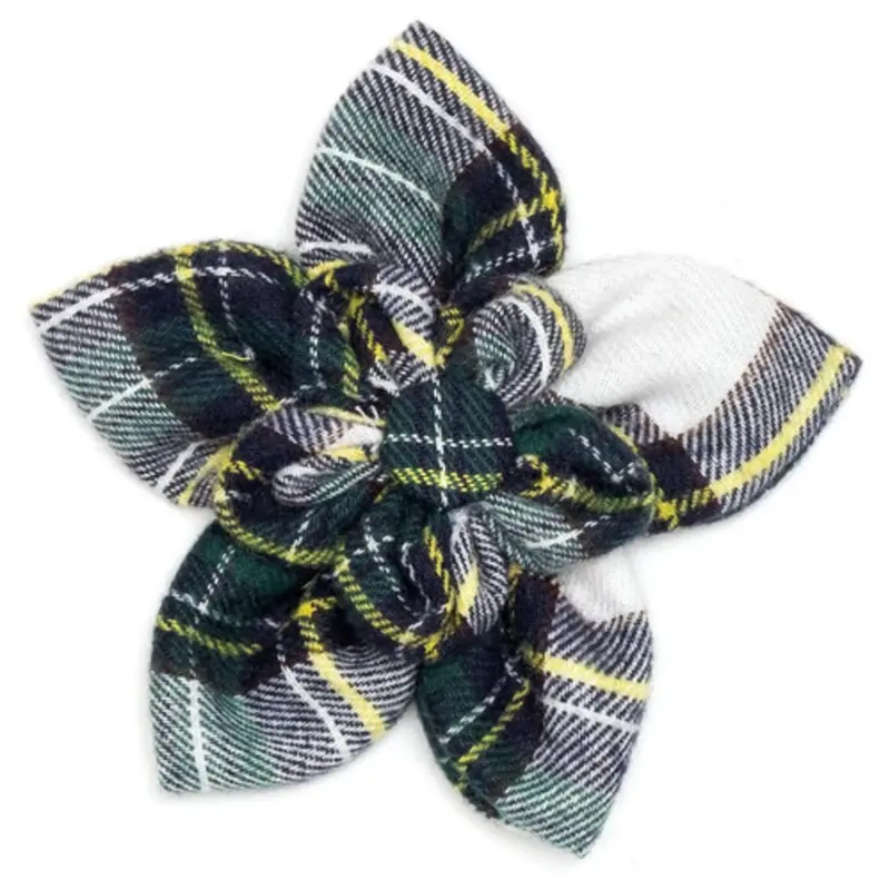 Stewart Tartan Green Pet Dog Collar Flower Small