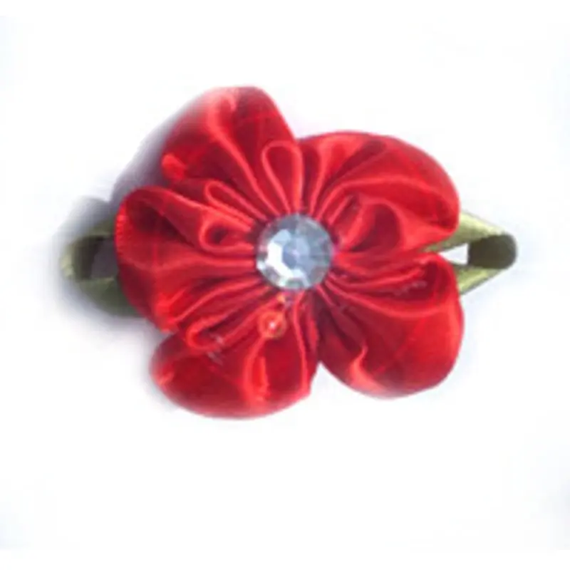 Red Flower Satin Ribbon Dog Hair Bow Barrette One Size