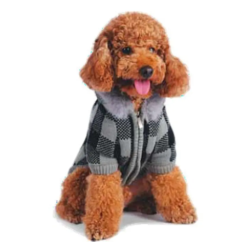 Lux Checked Hooded Dog Sweater Coat - Gray / Black Large