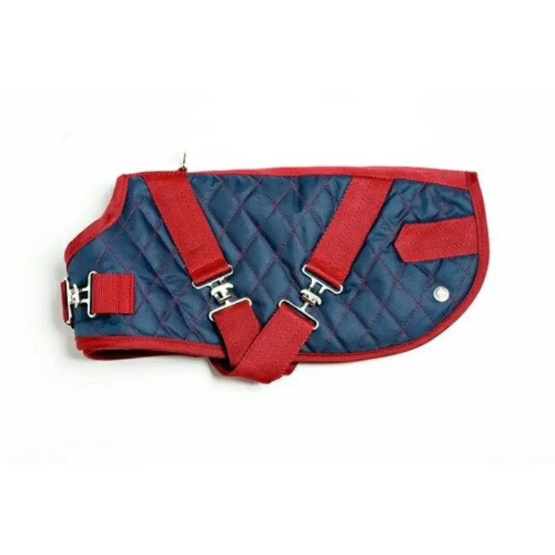 Quilted Horse Blanket Dog Coat - Navy / Cranberrry 10 inch