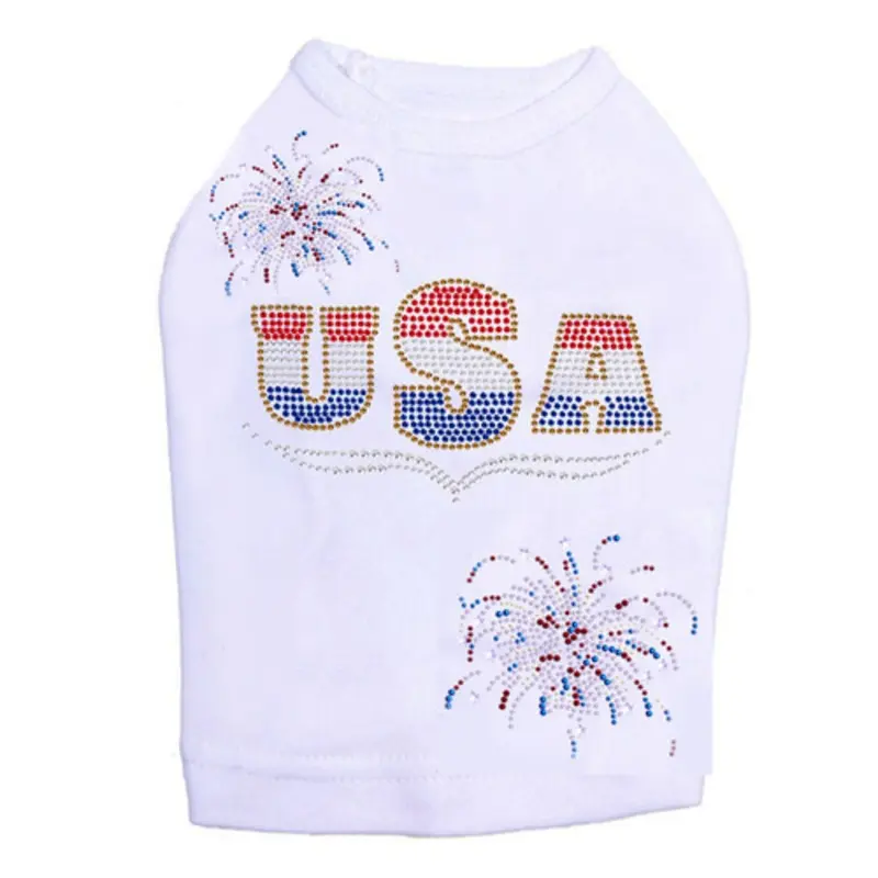 Patriotic USA & Fireworks Dog Tank - White - Size Medium Medium