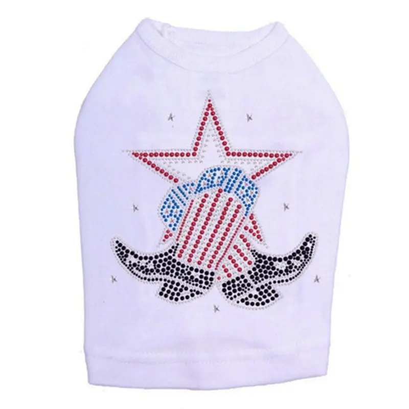 Patriotic Rhinestone Star & Boot Dog Tank - White - Medium Medium