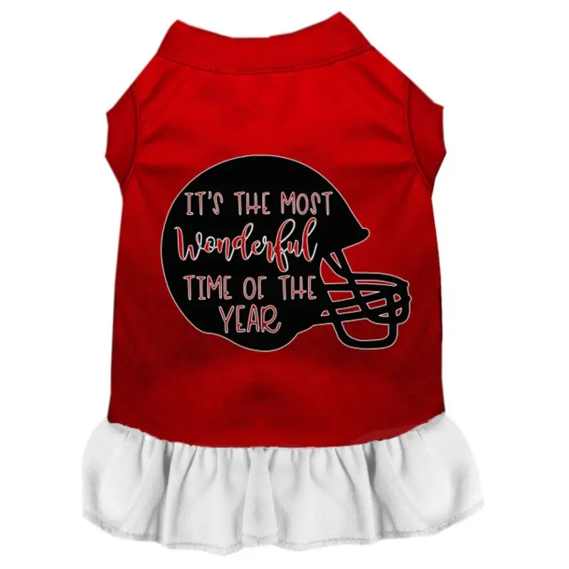 Most Wonderful Time Of The Year (football) Screen Print Dog Dress - Red With White