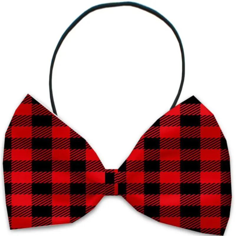 Red Buffalo Check Pet Dog Bow Tie Elastic - Necks 10 - 19 inches