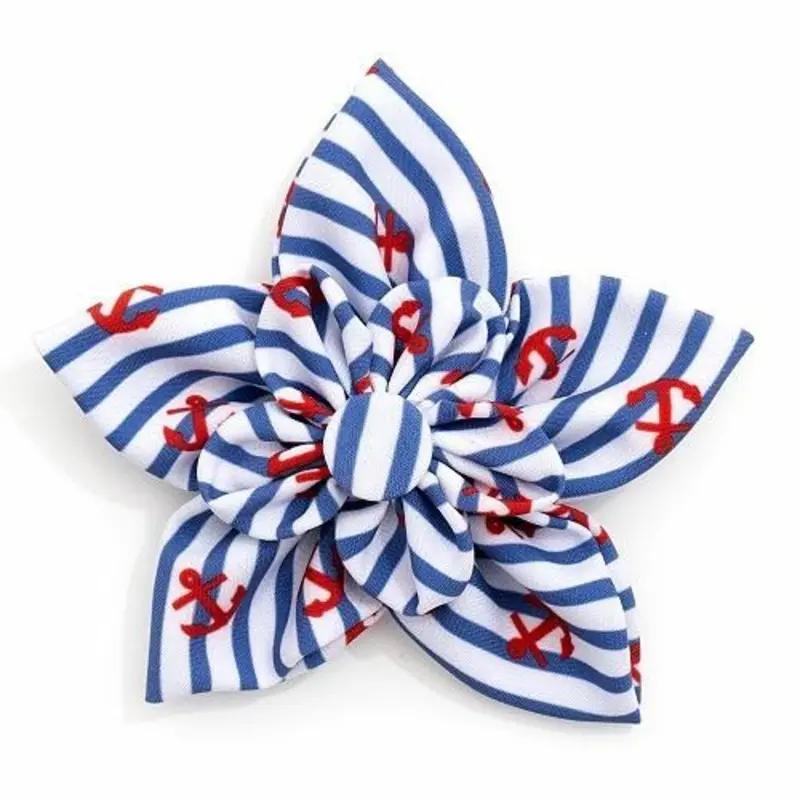 Navy Stripe Anchors Pet Dog Collar Flower Small