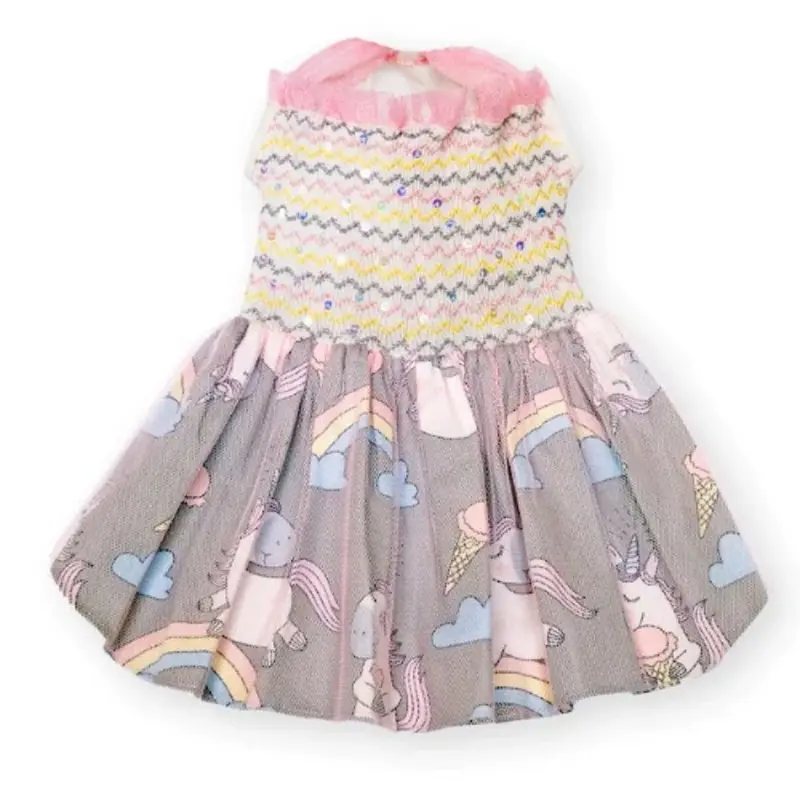 Rainbow, Magic, and Unicorns Hand-Smocked Dog Dress Small