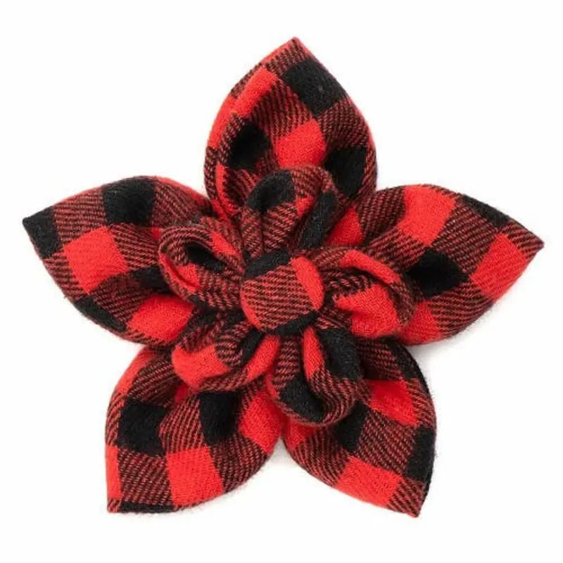 Red & Black Buffalo Check Pet Dog Collar Flower Small