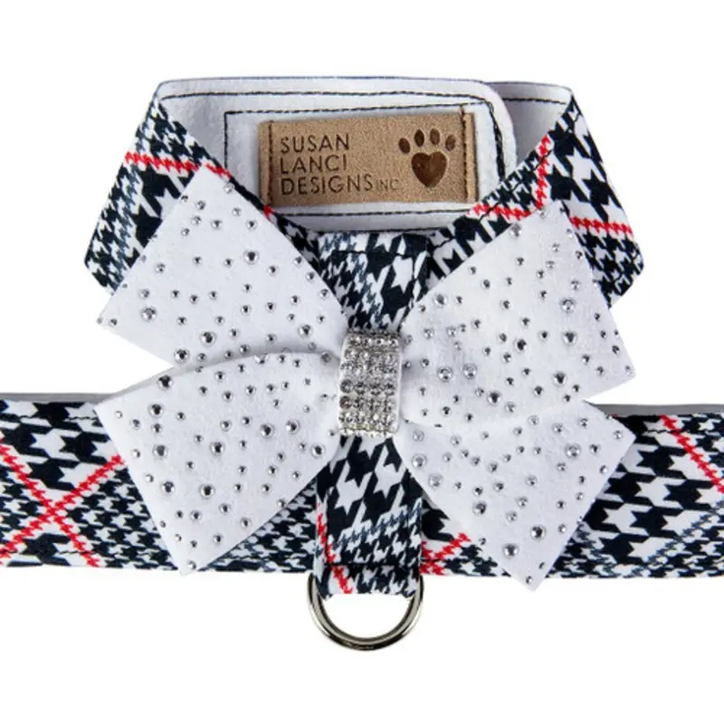 Classic Glen Houndstooth Stardust White Nouveau Bow Tinkie Dog Harness