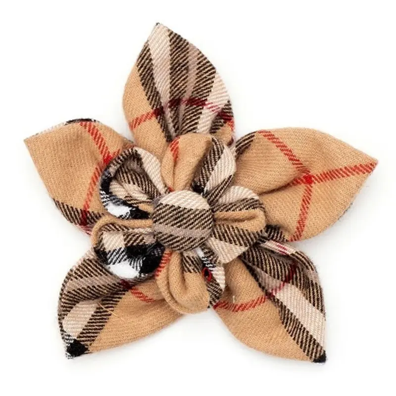 Tan Plaid Pet Dog Collar Flower Small