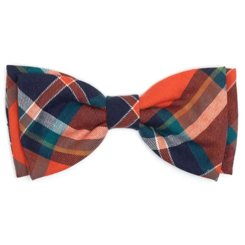 Orange & Navy Plaid Pet Dog Bow Tie Small
