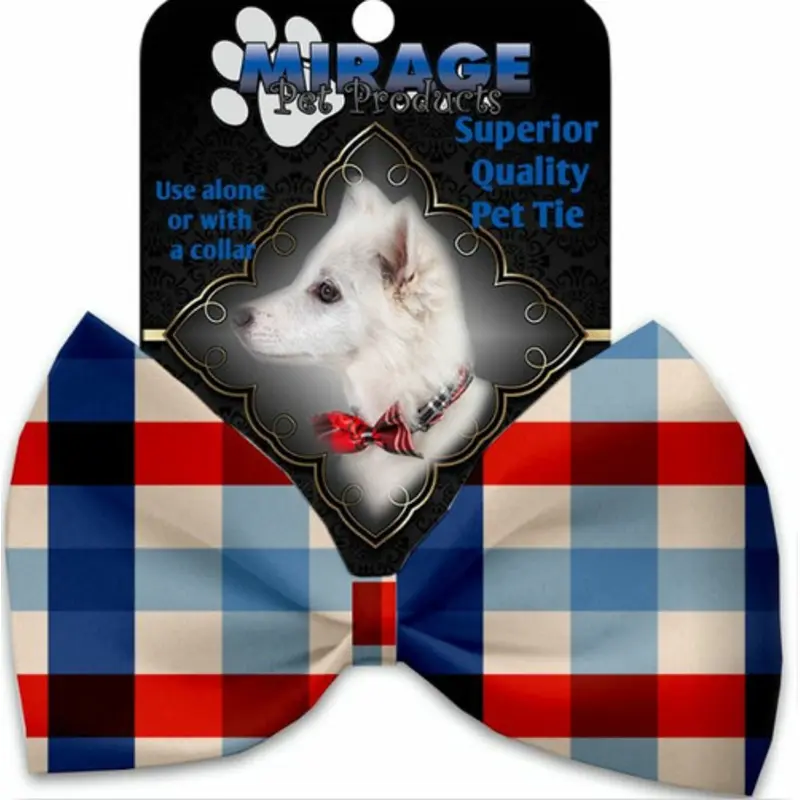 Patriotic Plaid Pet Dog Bow Tie Elastic - Necks 10 - 19 inches