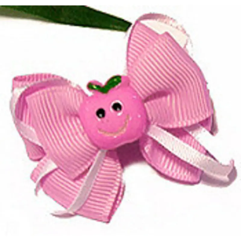 Happy Face Pink Apple with Pink Ribbon Dog Hair Bow One Size