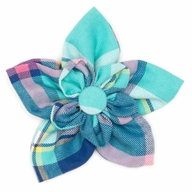 Aqua Navy Plaid Pet Dog Collar Flower Small