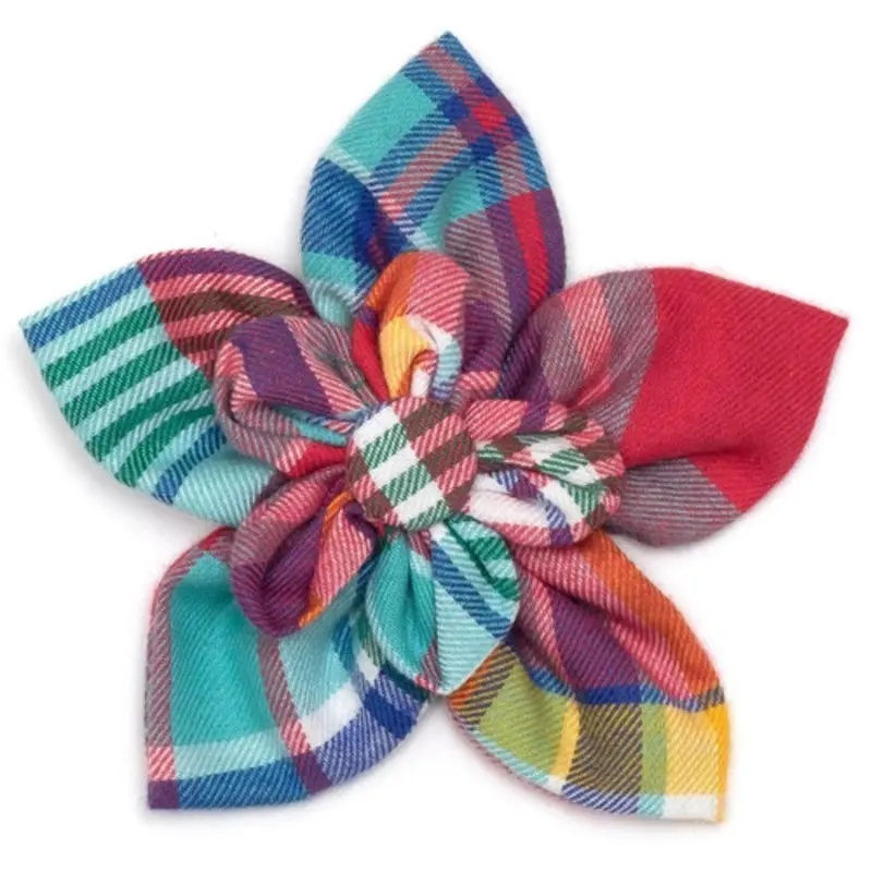 Coral Multi Plaid Pet Dog Collar Flower Small