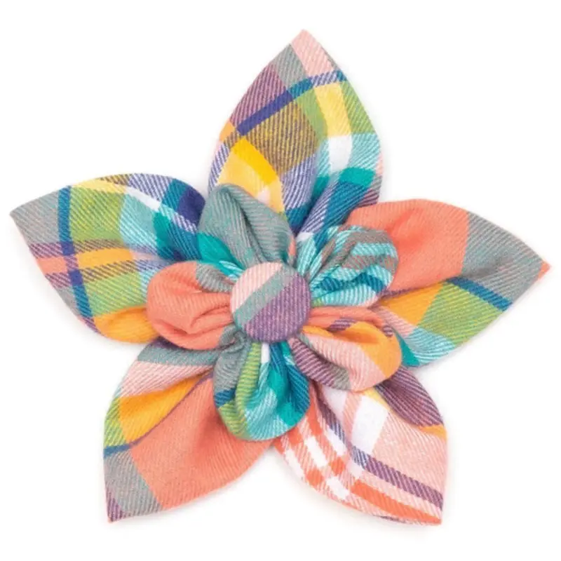 Peach Multi Plaid Pet Dog Collar Flower Small