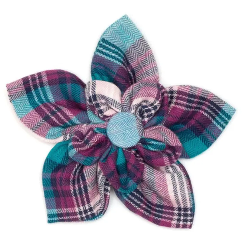 Teal & Purple Plaid Pet Dog Collar Flower Small
