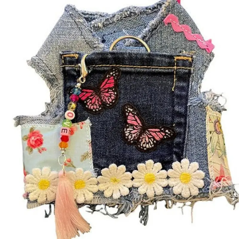 Dog Distressed Denim Harness - Pink Butterflies & Crystals