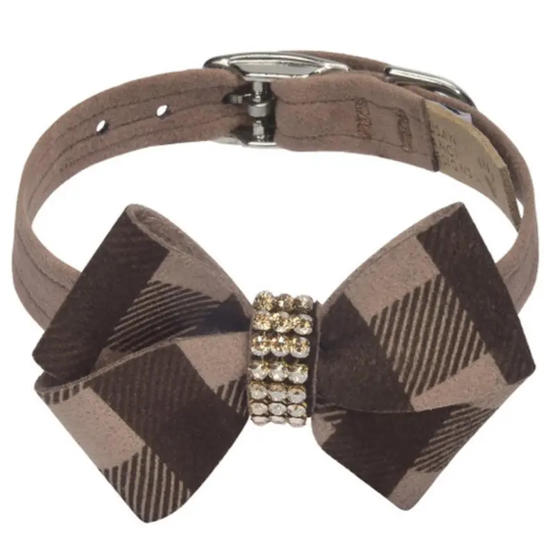 Fawn Gingham Nouveau Bow Dog Collar - Custom Teacup   5 -6.5" neck