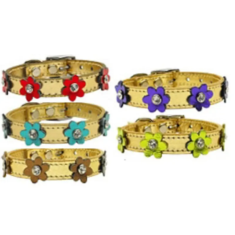 Flower Leather Dog Collar - Gold