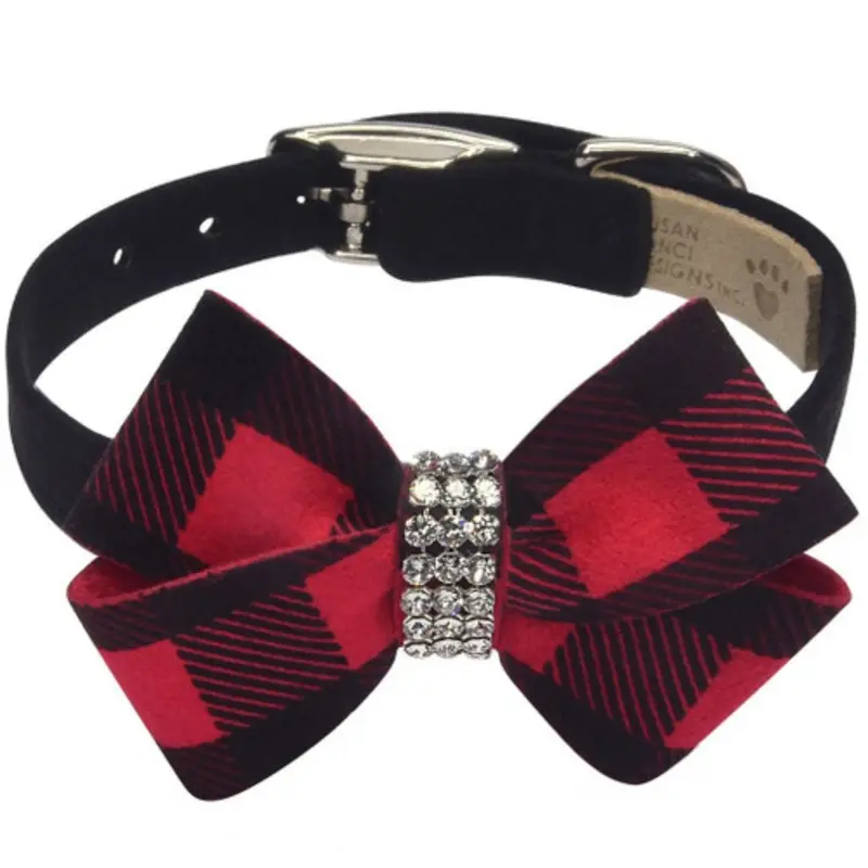 Red Gingham Nouveau Bow Dog Collar - Custom Teacup   5 -6.5" neck