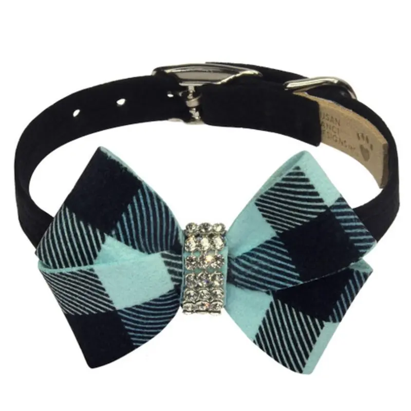 Tiffi Blue Gingham Nouveau Bow Dog Collar - Custom Teacup   5 -6.5" neck