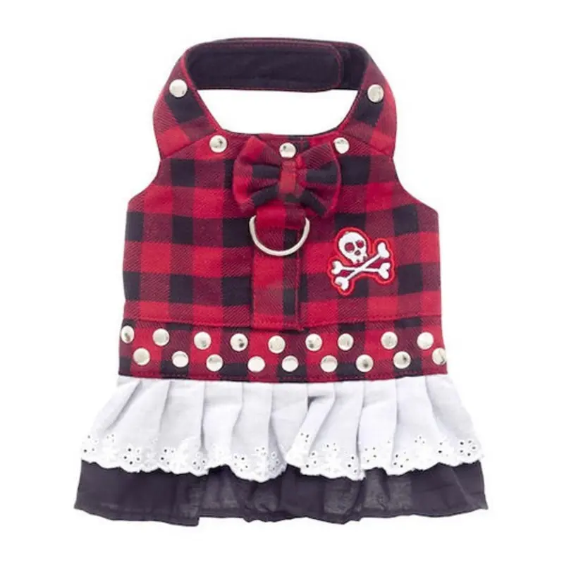 Red Buffalo Plaid Biker Bow Dog Dress Teacup
