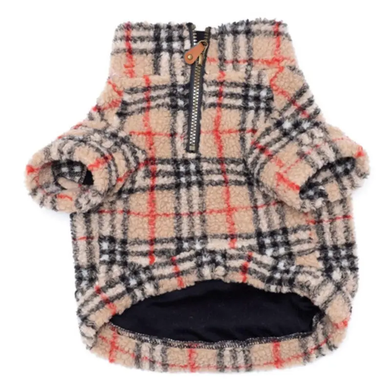 Tan Plaid Sherpa Zip Dog Pullover